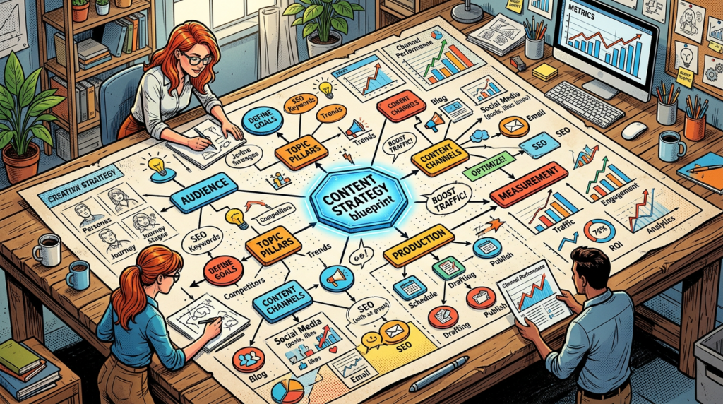 People collaborating on a detailed content strategy blueprint with charts and diagrams